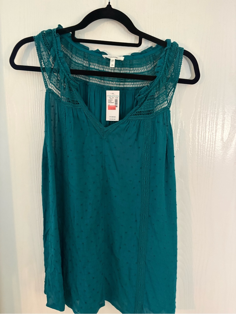 Maurices Teal Crochet Lace Tank Top, 2X. NWT